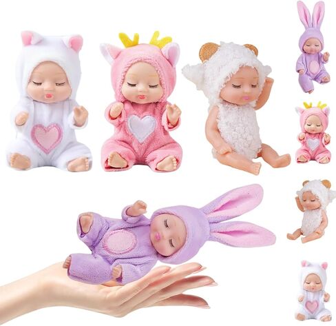 4 Pcs Mini Baby Dolls Set 4 Inch Small Baby Dolls with Animal Clothes for Pretend Play Birthday Gift, Collection(Dolls F) in Saudi Arabia