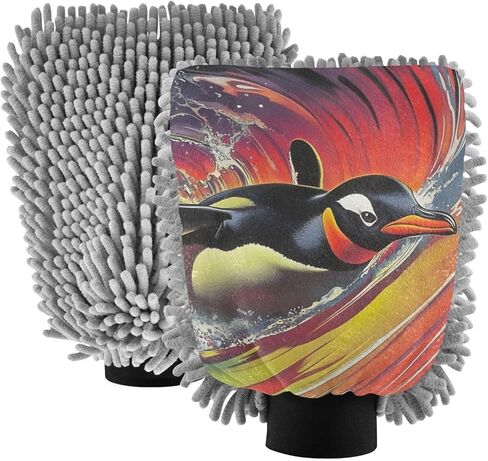 AIXIWAWA Surfing Penguin Print Car Wash Mitt Washing Glove Scratch Free Water Absorbent 2 Pack Medium in Saudi Arabia