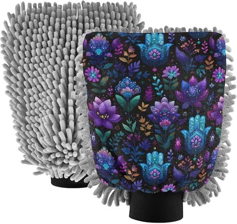 AIXIWAWA Hamsa Hand Floral Print Car Wash Mitt Washing Glove Scratch Free Water Absorbent 2 Pack Medium in Saudi Arabia