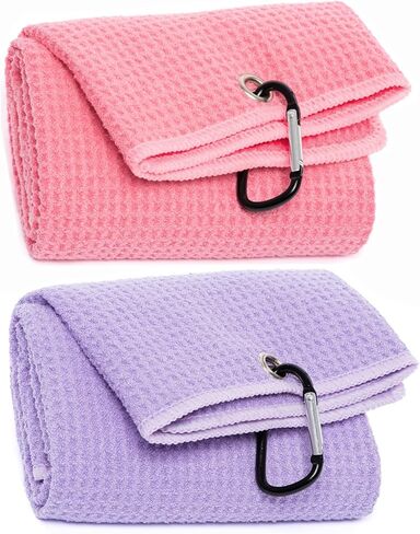 HYYPME 2 Pack Tri-fold Golf Towel Set, Microfiber Fabric Waffle Pattern Towels, Outdoor Sport Towels Heavy Duty Carabiner Clip (2 Pcs) (Pink+Turquoise Blue) in Saudi Arabia