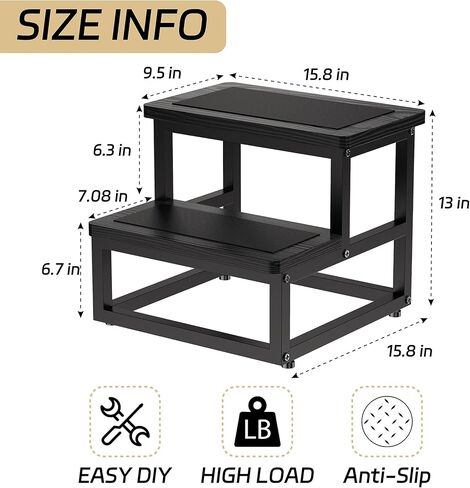 Step Stool, Wood and Metal Step for Adults Kids, Bedside Stepping Stool for High Bed with Round Corners, 2 Steps Foot Stool for Kitchen Bedroom, Load 500 LB, Beige in Saudi Arabia