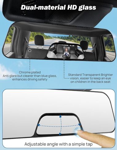 JOYTUTUS Rear View Mirror, 12 Inch Panoramic Anti-Glare Rearview with baby Mirror, Interior Clip-on Wide Angle Convex to Reduce Blind Spot, Effectively for More Car SUV Trucks in Saudi Arabia