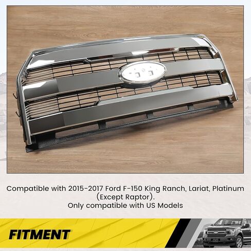 KUAFU Front Bumper Grille Compatible with 2015-2017 Ford F150 F-150 Replacement for FL3Z-8200-MA FL3Z8200MA w/o Camera Chrome Upper Hood Mesh Grill ABS Plastic in Saudi Arabia