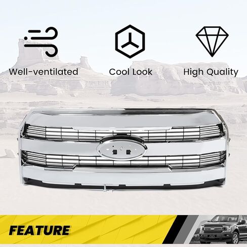 KUAFU Front Bumper Grille Compatible with 2015-2017 Ford F150 F-150 Replacement for FL3Z-8200-MA FL3Z8200MA w/o Camera Chrome Upper Hood Mesh Grill ABS Plastic in Saudi Arabia