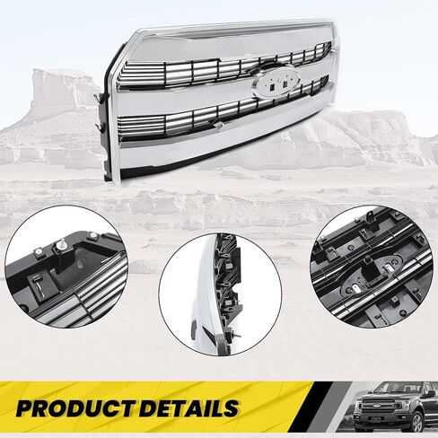 KUAFU Front Bumper Grille Compatible with 2015-2017 Ford F150 F-150 Replacement for FL3Z-8200-MA FL3Z8200MA w/o Camera Chrome Upper Hood Mesh Grill ABS Plastic in Saudi Arabia