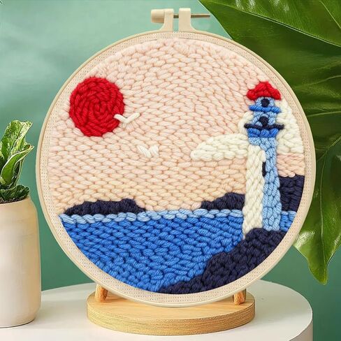 Zhenqing Lighthouse Punch Needle Kit - 29x29cm Embroidery with 20cm Hoop, Coarse Cotton Thread & Tools for Beginners(Z95115C) in Saudi Arabia