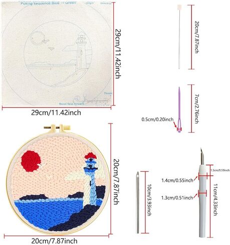 Zhenqing Lighthouse Punch Needle Kit - 29x29cm Embroidery with 20cm Hoop, Coarse Cotton Thread & Tools for Beginners(Z95115C) in Saudi Arabia