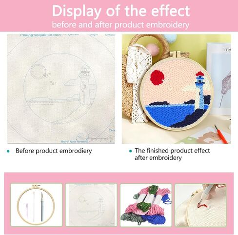 Zhenqing Lighthouse Punch Needle Kit - 29x29cm Embroidery with 20cm Hoop, Coarse Cotton Thread & Tools for Beginners(Z95115C) in Saudi Arabia