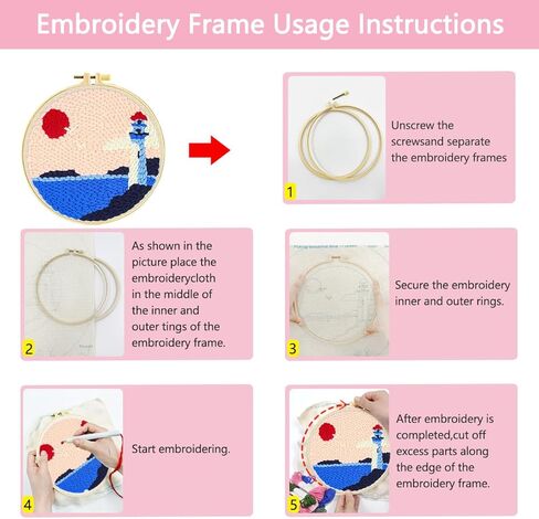 Zhenqing Lighthouse Punch Needle Kit - 29x29cm Embroidery with 20cm Hoop, Coarse Cotton Thread & Tools for Beginners(Z95115C) in Saudi Arabia