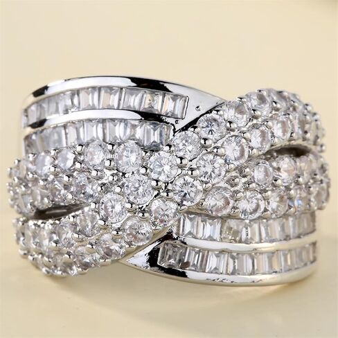 925 Sterling Silver Shiny Full Diamond Gemstone Ring 18K Gold Cocktail Cross Cubic Zirconia Promise Ring CZ Diamond Multi Row Rings Eternity Engagement Wedding Party Ring for Women Z.145 (US Code 8) in Saudi Arabia