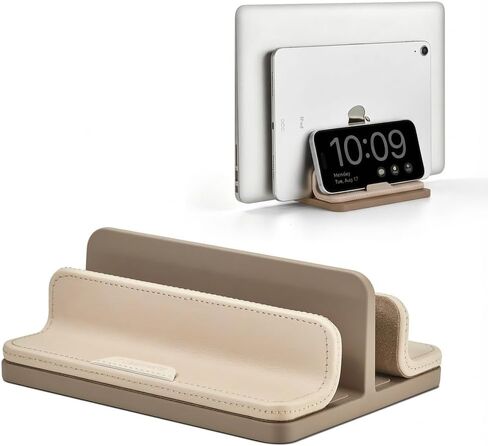 Dual Vertical Laptop Stand, 3 in 1 Upright Desktop Stand Holder with Adjustable Dock (Up to 17.3''), Leather Laptop Rack Storage Desk Organizer for Phone, Tablet, MacBook/HP/Dell/Chrome Book (Apricot) in Saudi Arabia