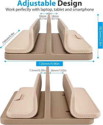 Dual Vertical Laptop Stand, 3 in 1 Upright Desktop Stand Holder with Adjustable Dock (Up to 17.3''), Leather Laptop Rack Storage Desk Organizer for Phone, Tablet, MacBook/HP/Dell/Chrome Book (Apricot) in Saudi Arabia