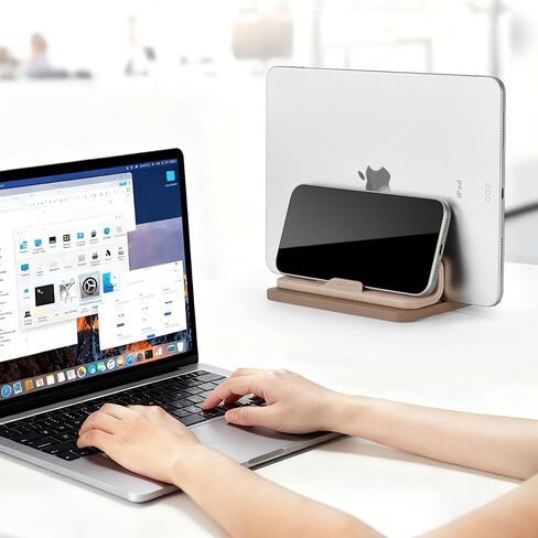 Dual Vertical Laptop Stand, 3 in 1 Upright Desktop Stand Holder with Adjustable Dock (Up to 17.3''), Leather Laptop Rack Storage Desk Organizer for Phone, Tablet, MacBook/HP/Dell/Chrome Book (Apricot) in Saudi Arabia