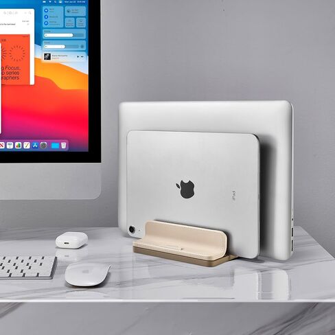 Dual Vertical Laptop Stand, 3 in 1 Upright Desktop Stand Holder with Adjustable Dock (Up to 17.3''), Leather Laptop Rack Storage Desk Organizer for Phone, Tablet, MacBook/HP/Dell/Chrome Book (Apricot) in Saudi Arabia
