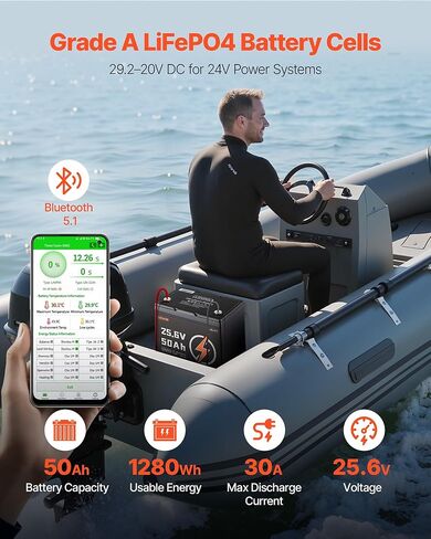 VEVOR 24V 50Ah LiFePO4 Lithium Battery, Bluetooth, Deep Cycle Lithium Rechargeable Battery, Built-in 30A BMS, Low Temp Protection, 4000+ Cycles, Max. 1280Wh, for RV, Camper, Trolling Motors, Marine in Saudi Arabia
