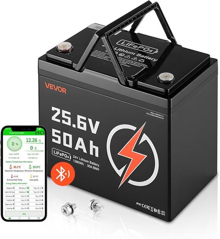 VEVOR 24V 50Ah LiFePO4 Lithium Battery, Bluetooth, Deep Cycle Lithium Rechargeable Battery, Built-in 30A BMS, Low Temp Protection, 4000+ Cycles, Max. 1280Wh, for RV, Camper, Trolling Motors, Marine in Saudi Arabia