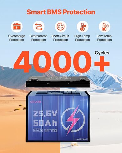 VEVOR 24V 50Ah LiFePO4 Lithium Battery, Bluetooth, Deep Cycle Lithium Rechargeable Battery, Built-in 30A BMS, Low Temp Protection, 4000+ Cycles, Max. 1280Wh, for RV, Camper, Trolling Motors, Marine in Saudi Arabia