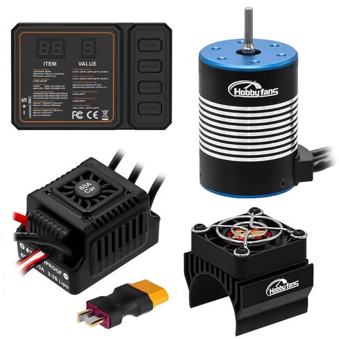 Hobby Fans Waterproof BL3650 3900KV Brushless Motor 3.175mm Shaft with 60A Brushless ESC Electric Speed Controller with Heatsink and Programming Card for 1/10 Remote Control Car Truck, Black & Blue in Saudi Arabia