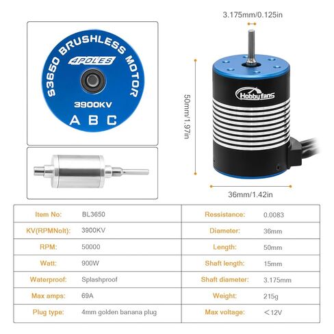 Hobby Fans Waterproof BL3650 3900KV Brushless Motor 3.175mm Shaft with 60A Brushless ESC Electric Speed Controller with Heatsink and Programming Card for 1/10 Remote Control Car Truck, Black & Blue in Saudi Arabia