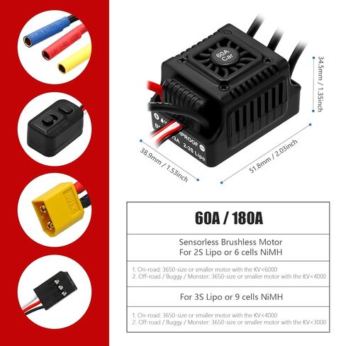 Hobby Fans Waterproof BL3650 3900KV Brushless Motor 3.175mm Shaft with 60A Brushless ESC Electric Speed Controller with Heatsink and Programming Card for 1/10 Remote Control Car Truck, Black & Blue in Saudi Arabia