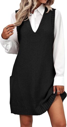 Zeagoo Womens Sweater Vest Dress Pattern Knitted Pullovers Sweaters V Neck Tank Sweater Dress with Pockets in Kuwait