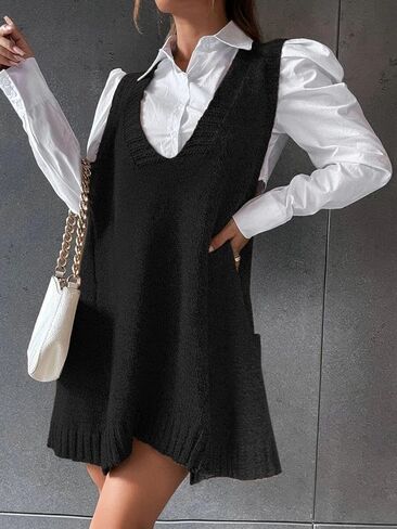 Zeagoo Womens Sweater Vest Dress Pattern Knitted Pullovers Sweaters V Neck Tank Sweater Dress with Pockets in Kuwait