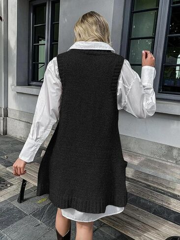 Zeagoo Womens Sweater Vest Dress Pattern Knitted Pullovers Sweaters V Neck Tank Sweater Dress with Pockets in Kuwait