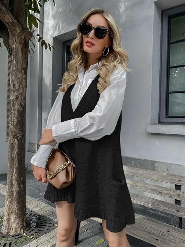 Zeagoo Womens Sweater Vest Dress Pattern Knitted Pullovers Sweaters V Neck Tank Sweater Dress with Pockets in Kuwait