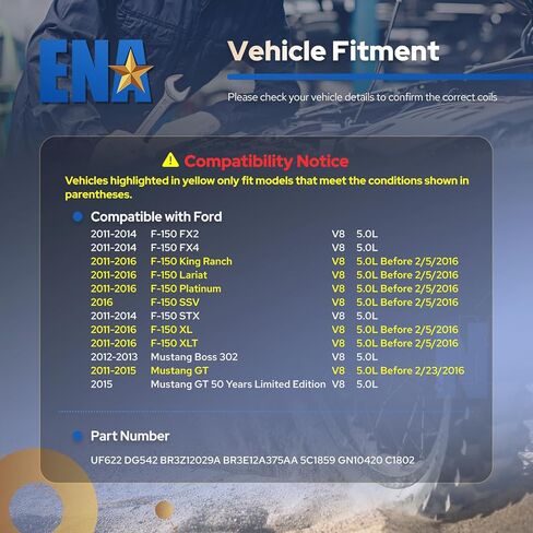 مجموعة ENA مكونة من 8 ملفات إشعال 2011 2012 2013 2014 2015 2016 متوافقة مع Ford F150 Mustang Lobo V8 5.0L بديل لفائف C1802 UF622 DG542 BR3Z12029A 5C1859 in Saudi Arabia