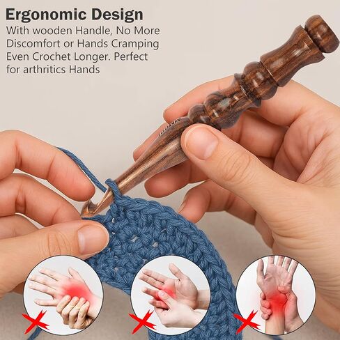 Wooden Crochet Hook Set of 13, Ergonomic Soft Grip Handles for Arthritis & Hand Pain, 3.5mm–12mm Crochet Needles for Beginners, Knitting & Yarn Crafts in Saudi Arabia