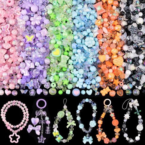 Assorted Acrylic Beads,400-450PCS Mixed Cute Bead for Bracelet Making, Flower Bow GummyBear Round Star Kawaii Charms for Jewelry Necklace Making DIY Keychain Phone Charm Christmas Gift in Saudi Arabia
