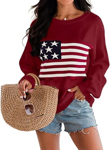 سترة Dressmine النسائية ذات العلم الأمريكي بأكمام طويلة ورقبة دائرية ورسومات أنيقة وناعمة وفضفاضة in Kuwait