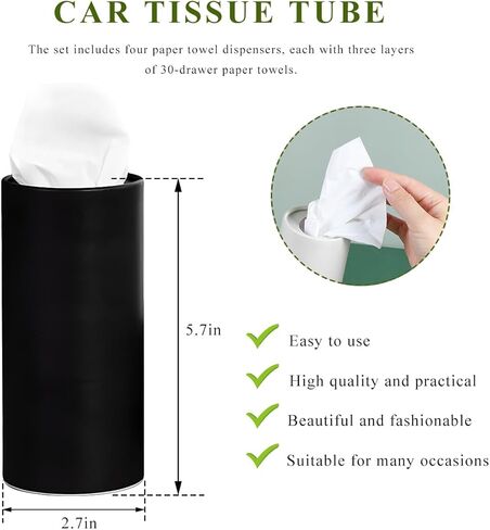 4 PCS Car Tissue Holder, Refillable Auto Cup Holder Round Napkin Container with Facial Tissues, Portable Tissue Box Paper Towel Cylinder for Most Vehicles, Car Accessories (Black) in Saudi Arabia