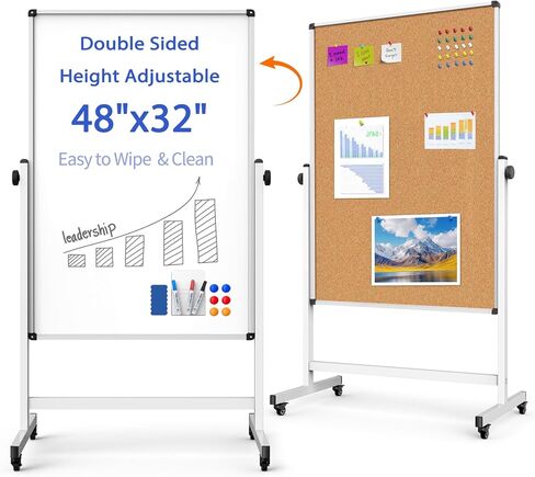 Double-Sided Whiteboard and Corkboard on Wheels, 48 x 32 Inch Magnetic Dry Erase Board with Adjustable Height Stand, Rolling Mobile Board for Office, Classroom, Presentation & Planning (Cork & White) in Saudi Arabia