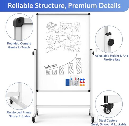 Double-Sided Whiteboard and Corkboard on Wheels, 48 x 32 Inch Magnetic Dry Erase Board with Adjustable Height Stand, Rolling Mobile Board for Office, Classroom, Presentation & Planning (Cork & White) in Saudi Arabia