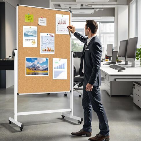 Double-Sided Whiteboard and Corkboard on Wheels, 48 x 32 Inch Magnetic Dry Erase Board with Adjustable Height Stand, Rolling Mobile Board for Office, Classroom, Presentation & Planning (Cork & White) in Saudi Arabia