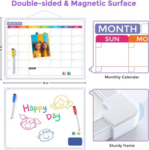 MaxGear Monthly Calendar Dry Erase Board for Wall, 16"x12" Small Hanging Double-Sided White Board with 5 Markers & 4 Magnets, Portable Whiteboard for Students - Planning, Drawing, Memo, to Do List in Saudi Arabia
