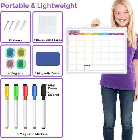 MaxGear Monthly Calendar Dry Erase Board for Wall, 16"x12" Small Hanging Double-Sided White Board with 5 Markers & 4 Magnets, Portable Whiteboard for Students - Planning, Drawing, Memo, to Do List in Saudi Arabia