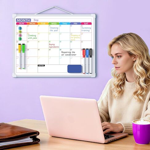 MaxGear Monthly Calendar Dry Erase Board for Wall, 16"x12" Small Hanging Double-Sided White Board with 5 Markers & 4 Magnets, Portable Whiteboard for Students - Planning, Drawing, Memo, to Do List in Saudi Arabia