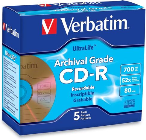 Verbatim CD-R 700 ميجابايت 52X UltraLife Gold درجة أرشيفية - سطح يحمل العلامة التجارية وطبقة صلبة - عمود دوران 50 قطعة in Saudi Arabia