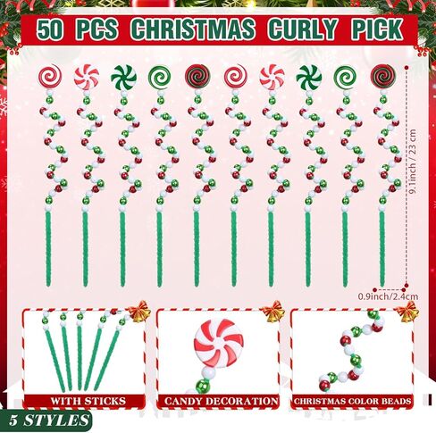 Tigeen 50 Pcs Christmas Candy Cane Pick Red Green White Christmas Tree Curly Pick Ornaments Xmas Candy Shape Tree Topper Decorations for Xmas Home Office Crafts Party in Saudi Arabia
