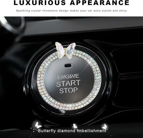 Bling Ring Emblem Car Accessories, Crystal Rhinestone Butterfly Key Ignition Knob Start Stop Ring Decoration, Sparkling Engine Push to Start Button Cover Sticker for Women (AB) in Saudi Arabia