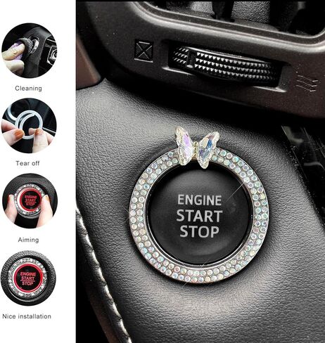 Bling Ring Emblem Car Accessories, Crystal Rhinestone Butterfly Key Ignition Knob Start Stop Ring Decoration, Sparkling Engine Push to Start Button Cover Sticker for Women (AB) in Saudi Arabia