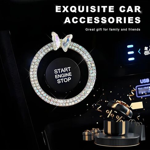 Bling Ring Emblem Car Accessories, Crystal Rhinestone Butterfly Key Ignition Knob Start Stop Ring Decoration, Sparkling Engine Push to Start Button Cover Sticker for Women (AB) in Saudi Arabia