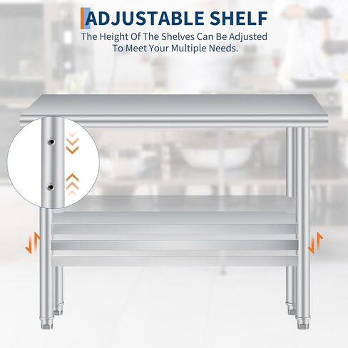 Stainless Steel Prep Table, 30 x 24 in, with Backsplash, Adjustable Undershelf and 4 Caster Wheels, Commercial Heavy Duty Table with Adjustable Under Shelf for Outdoor Use,Restaurants,Hotels,Works in Saudi Arabia