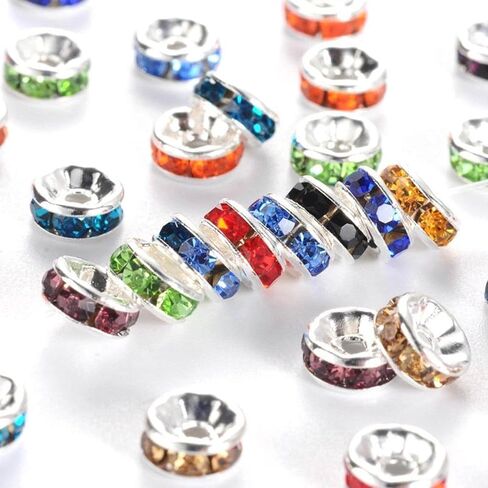 100Pcs Rondelle Spacer Beads 8mm Silver Plated Czech Crystal Rhinestone for Jewelry Making Loose Beads for Bracelets（Silver） in Saudi Arabia