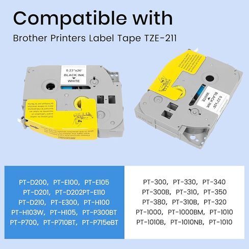 شريط ملصقات أبيض TZe-211 مقاس 6 مم 0.23 ملصقات مغلفة متوافقة مع شريط صانع الملصقات Brother P-Touch Redills PT-D210 PT-D220 PT-D200 PT-H110 PT-D400، عبوة واحدة 0.23 بوصة × 26.2 قدم in Kuwait