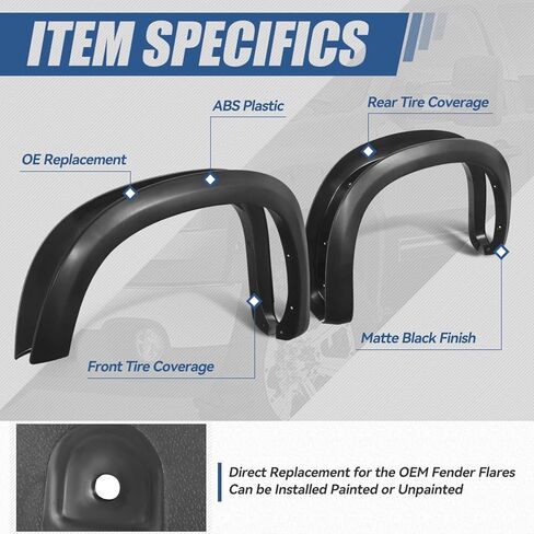 Auto Dynasty 4 Piece Pocket-Riveted Style Paintable Wheel Fender Flares Cover Kit Compatible with Chevrolet Silverado 1500 2019-2024, Front and Rear, Black in Saudi Arabia