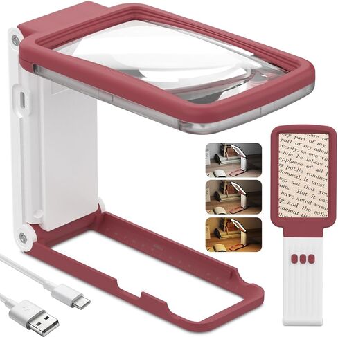 عدسة مكبرة 10X مع ضوء وحامل، عدسة زجاجية حقيقية، عدسة مكبرة محمولة قابلة لإعادة الشحن وقابلة للطي، 3 أوضاع ألوان مكبرة للصفحات المضيئة لقراءة المطبوعات الدقيقة، كبار السن ضعاف الرؤية in Kuwait