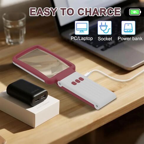 عدسة مكبرة 10X مع ضوء وحامل، عدسة زجاجية حقيقية، عدسة مكبرة محمولة قابلة لإعادة الشحن وقابلة للطي، 3 أوضاع ألوان مكبرة للصفحات المضيئة لقراءة المطبوعات الدقيقة، كبار السن ضعاف الرؤية in Kuwait